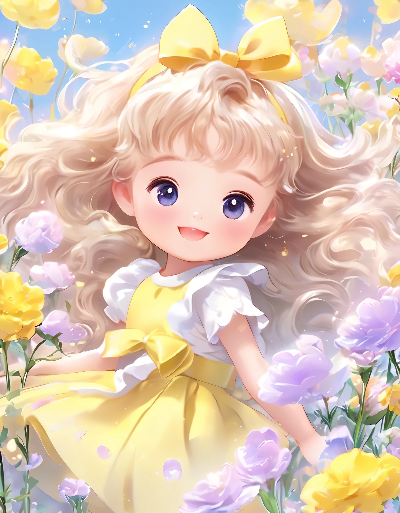Carnation flower field、Written boundary depth、Adorable smile、Close-up of a girl in a yellow dress and ribbon, Cute digital art, Cute cartoon character, Cute and intricate digital art, Adorable digital painting, Cute cartoon, Cute Anime girl, Cute artwork, pretty girlのアニメビジュアル, Cute art style, リアルなpretty girlの絵, Cute cartoon style, Cute Anime, Cute 3D rendering, Cute Characters, pretty girl