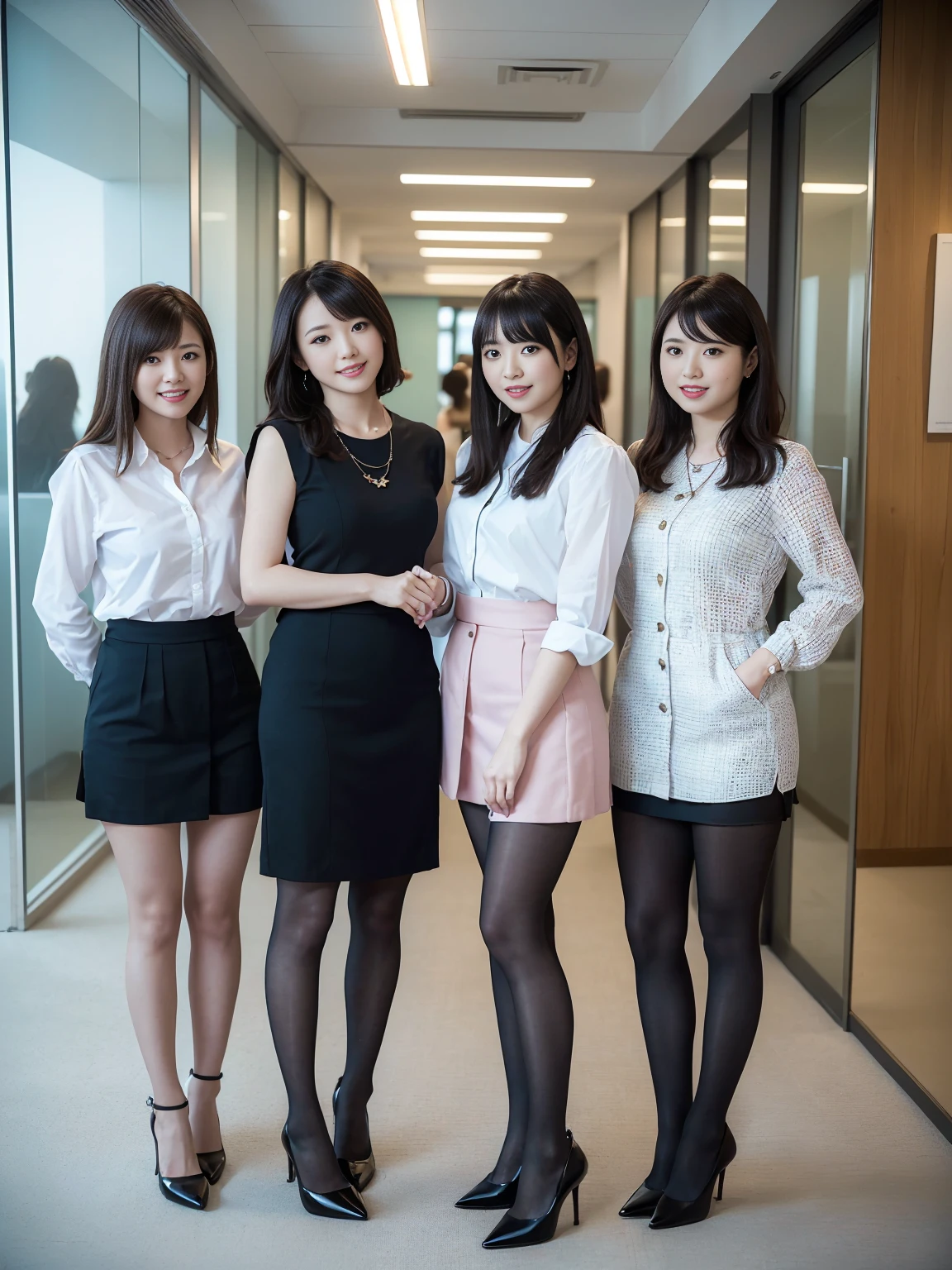 (Highest quality, masterpiece, Photorealistic, Super detailed, Ultra-high resolution, born:1.3), (Three Girls:1.3), beautiful, Japanese, mature, 28 years old, office workers, (Close bonds, Short skirt),(Black pantyhose),(smile), (bangs), high waist, necklace, (office, indoor, Glass Room), (Long legs, High heels, whole body:1.2), (crowd)