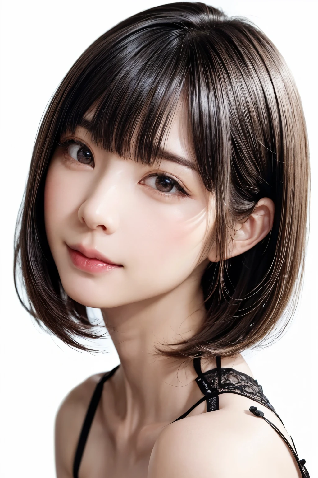 ((masterpiece, Highest quality, High resolution、Realisticですべてが美しく詳細に描かれている)), 1 girl, (Realistic: 1.4), alone, White Background, snow-White Background, Mouth closed, smile, smile, Beautiful black hair, short hair, Big eyes, Transparent double eyelids, eyelash, Listen carefully, Long neck, 美しくLong neck, Absolute area, ((Face close-up)), (Draw the whole head, shoulder), 19 years old, Attractive proportions, Glowing Skin, Beautiful clavicle, Golden ratio face, Perfect Face, Teardrop-shaped mole, chestのほくろ, bangs, clean bangs, beautiful bangs, Lip gloss, Thin lips, Fair skin, naked, Big Breasts, {Huge|big|Hugeな|Mega} chest:2, chestの谷間:2,chestの谷間を見せる、Small face, Small face, All the heads are painted, shoulder all drawn, Point slightly above the camera