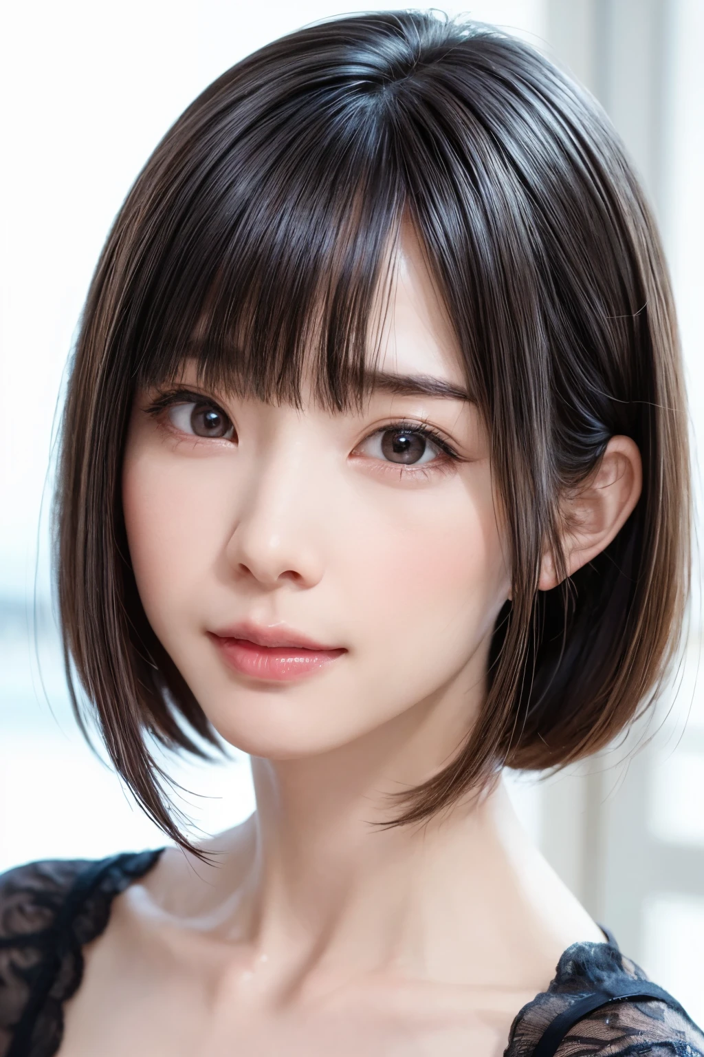 ((masterpiece, Highest quality, High resolution、Realisticですべてが美しく詳細に描かれている)), 1 girl, (Realistic: 1.4), alone, White Background, snow-White Background, Mouth closed, smile, smile, Beautiful black hair, short hair, Big eyes, Transparent double eyelids, eyelash, Listen carefully, Long neck, 美しくLong neck, Absolute area, ((Face close-up)), (Draw the whole head, shoulder), 19 years old, Attractive proportions, Glowing Skin, Beautiful clavicle, Golden ratio face, Perfect Face, Teardrop-shaped mole, chestのほくろ, bangs, clean bangs, beautiful bangs, Lip gloss, Thin lips, Fair skin, naked, Big Breasts, {Huge|big|Hugeな|Mega} chest:2, chestの谷間:2,chestの谷間を見せる、Small face, Small face, All the heads are painted, shoulder all drawn, Point slightly above the camera