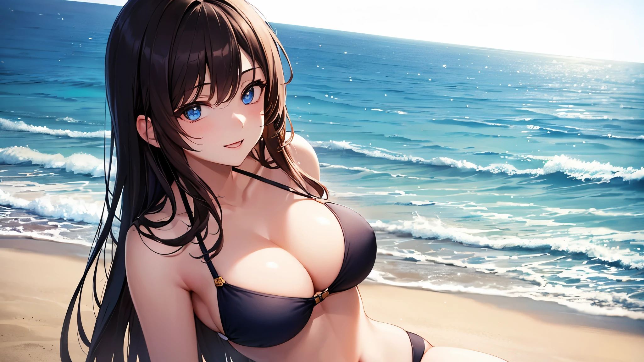 Highest quality, 8k, 4K, High resolution, High Contrast,1girl,Only beautiful dark brown hair,Straight Long Hair,(Beautifully detailed face),Blue, clear eyes, beautiful eyes, Happy expression, The breasts are moderately large, Healthy Body, Swimwear, 20generation, Seaside, Precise and beautiful scenery