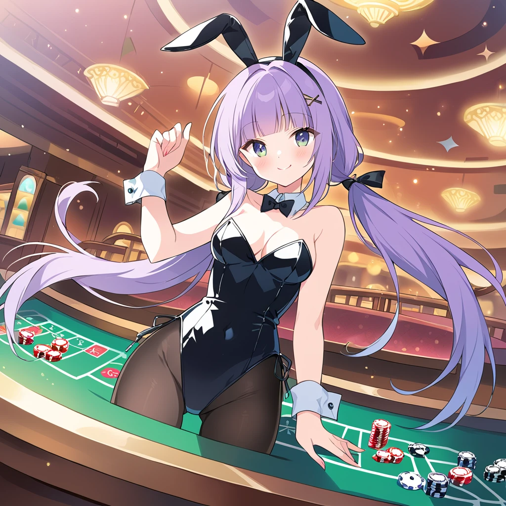 A girl, (a girl with closs hair pin, pale purple hair, low twintail, blunt bangs hair, green and black eyes, smiling, playboy bunny, rabbit ears, black rabbit ears, fake rabbit ears, black leotard,pantyhose, black pantyhose,
bowtie, wrist cuffs:1.4), anime visual, (tilt head:1.3),Cute, Kawaii, Masterpiece, Detailed Drawing, Illustration, Official Art,casino,