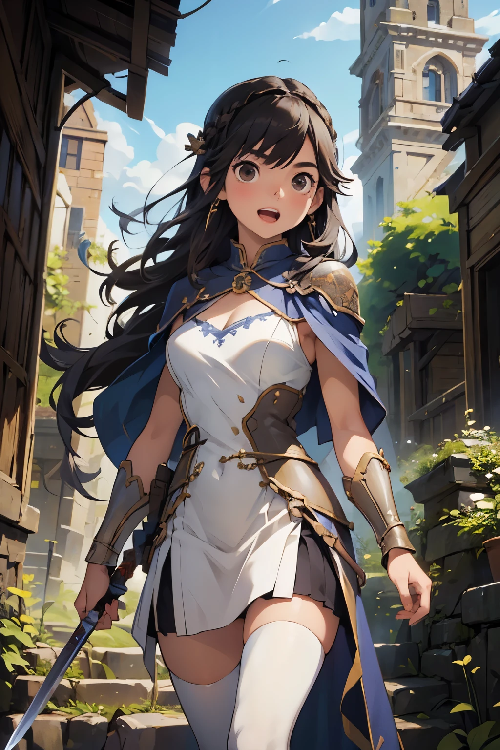 masterpiece, highest quality,High resolution,High-quality images,Detailed eye depiction,Skin luster,Shiny Hair,Fine grain,Adult women,Very detailed,Rin々Nice face,Open Mouth Smile,White and gold adventurer uniform,The world of medieval Europe,Show your armpits,Black eyes,The dignity of a hero,,Small hair ornament,tattoo,Cape,Legs visible through the skirt,Natural Beauty,Investigating the dilapidated ruins,The existence of megalithic civilizations,An ancient city of legends,huge stone arch,Stone stairs leading to the back,Cinematic,Large Breasts,Cleavage,equipped with a sword,