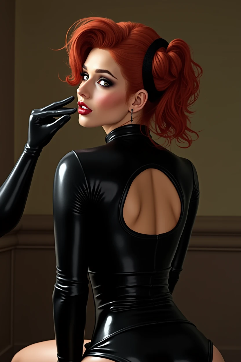 Red head cutie, black latex bra, black latex thong, black latex thigh highs, black latex opera gloves, form fitting, very shiny, finger on lips provocatively, looking at user lustfully