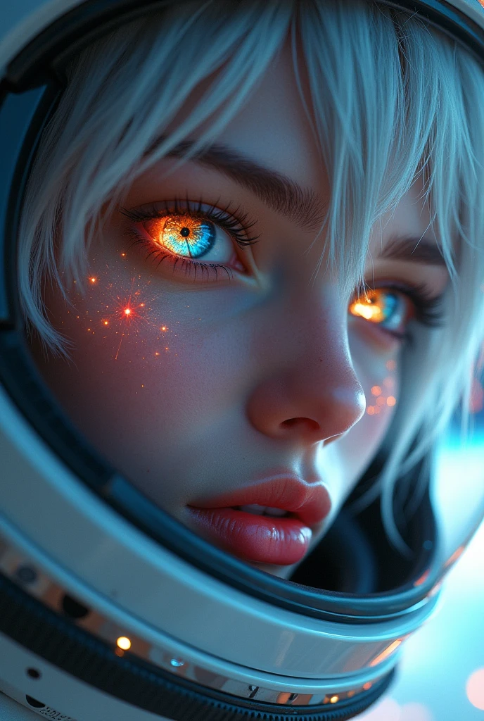 (Close-up of a better masterpiece:1.5)0.9], (Space and astronauts:1.2) (Messy silver hair:1.1) (Heterochromia xanthochromia and blue eyes:1.2) (Space Helmet:1.0) (Colored stars in the eyes:1.0) (A radiant glow:1.1) (thick lips:0.9)