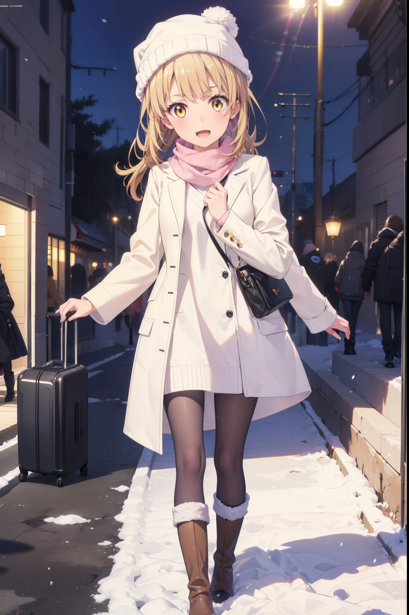 Irohaisshiki, isshiki iroha, Long Hair, Brown Hair, (Brown eyes:1.5), smile,Open your mouth,White Breath,low twin tail,Knitted hat,White scarf,Yellow long coat　Open front,Pink v-neck sweater,Short denim,Black pantyhose,short boots,Walking,snowが降っている,snowが積もっている,moon,night,snow,snow,snow,snow,whole bodyがイラストに入るように,　　　　　　　　　break outdoors, Building district,
break looking at viewer,whole body,
break (masterpiece:1.2), Highest quality, High resolution, unity 8k wallpaper, (figure:0.8), (Beautiful attention to detail:1.6), Highly detailed face, Perfect lighting, Highly detailed CG, (Perfect hands, Perfect Anatomy),