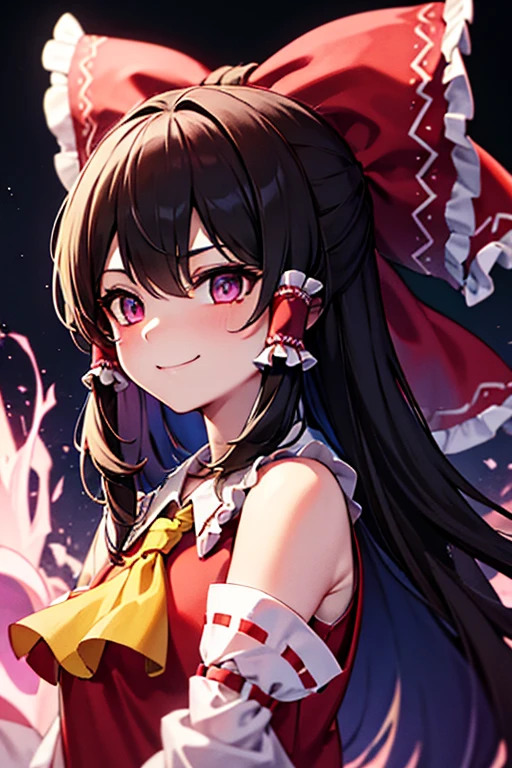Reimu, with her bewitching purple eyes, smiles devilishly and unleashes a large pink wave magic attack on a dark road at night.