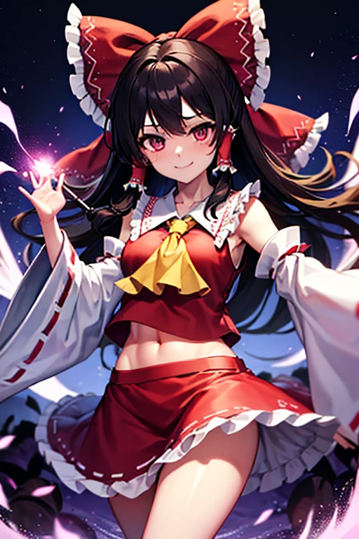 Reimu, with her bewitching purple eyes, smiles devilishly and unleashes a large pink wave magic attack on a dark road at night.
