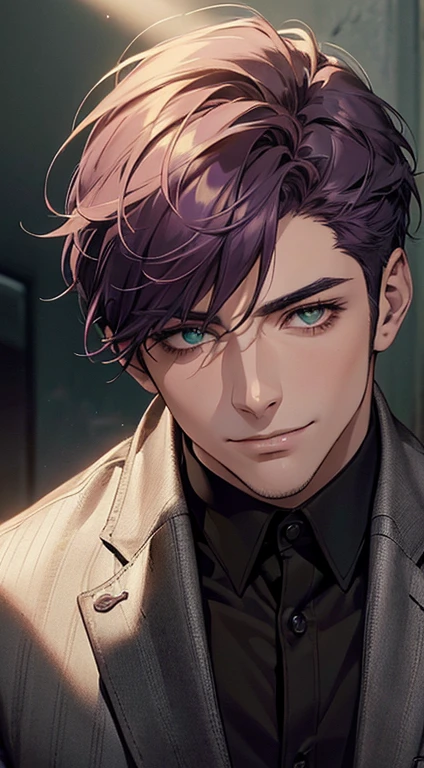 ((a mature man, very handsome, smile in love, short  purple hair, green eyes, perfect face without errors)), ((buttoning the jacket, CEO)), (best quality, masterpiece, 8K, photorealistic, cinematic lighting, hdr image, ultra detailed, beautiful image), (portrait, detailed facial features, intricate textures, realistic skin tones, highly detailed, ultra-realistic), (warm lighting, soft shadows, dramatic lighting), (muted color palette, rich tones), (professional photography, high resolution, studio lighting)