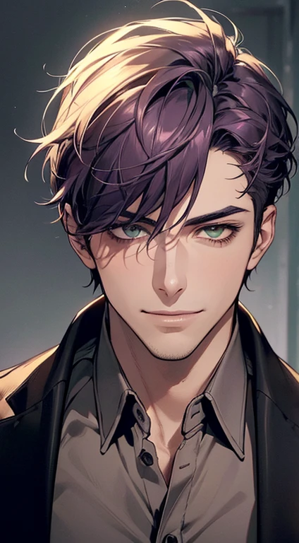 ((a mature man, very handsome, smile in love, short purple hair, green eyes, perfect face without errors)), ((buttoning the jacket, CEO)), (best quality, masterpiece, 8K, photorealistic, cinematic lighting, hdr image, ultra detailed, beautiful image), (portrait, detailed facial features, intricate textures, realistic skin tones, highly detailed, ultra-realistic), (warm lighting, soft shadows, dramatic lighting), (muted color palette, rich tones), (professional photography, high resolution, studio lighting)