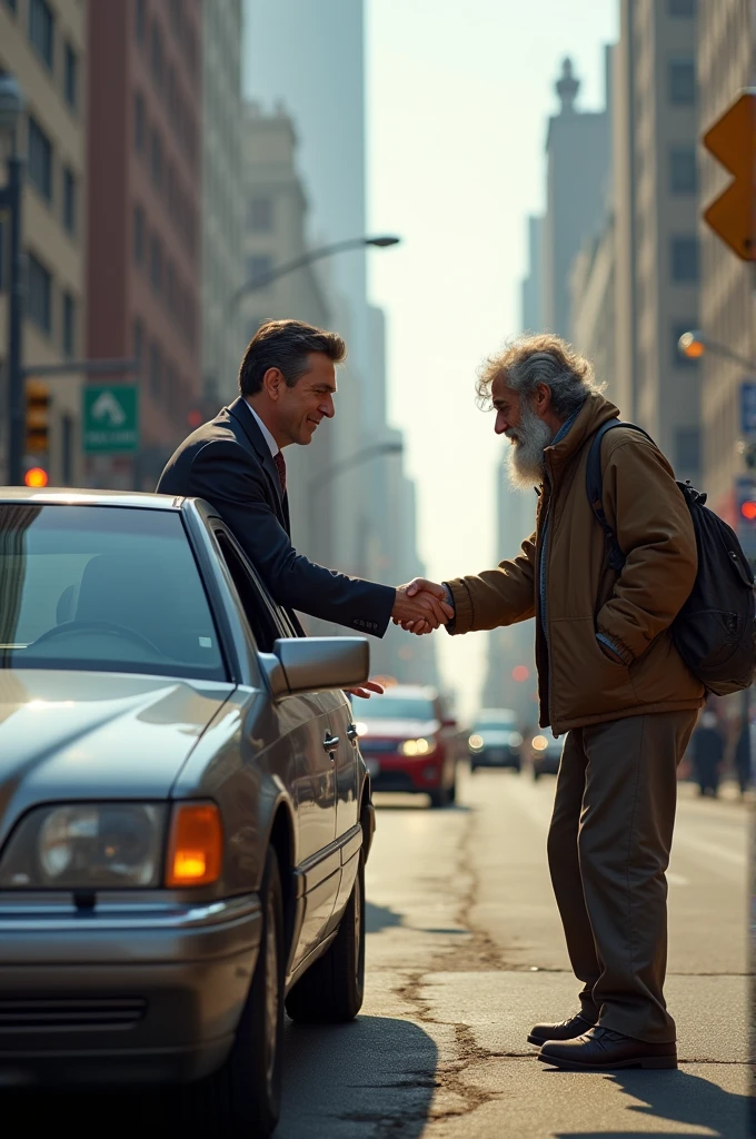 A man greeting an homeless man while driving