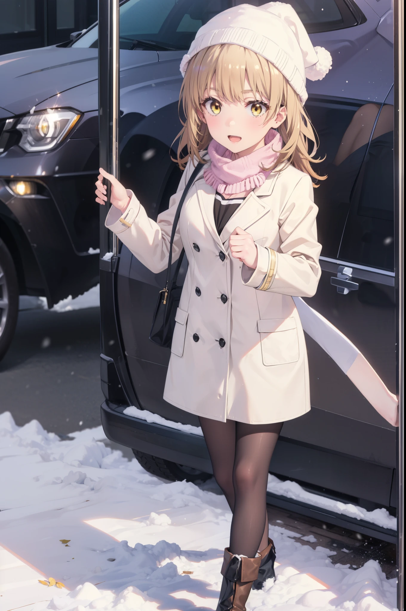 Irohaisshiki, isshiki iroha, Long Hair, Brown Hair, (Brown eyes:1.5), smile,Open your mouth,White Breath,low twin tail,Knitted hat,White scarf,Yellow long coat Open front,Pink v-neck sweater,Short denim,Black pantyhose,short boots,Walking,snowが降っている,snowが積もっている,moon,night,snow,snow,snow,snow,whole bodyがイラストに入るように, break outdoors, Building district,
break looking at viewer,whole body,
break (masterpiece:1.2), Highest quality, High resolution, unity 8k wallpaper, (figure:0.8), (Beautiful attention to detail:1.6), Highly detailed face, Perfect lighting, Highly detailed CG, (Perfect hands, Perfect Anatomy),