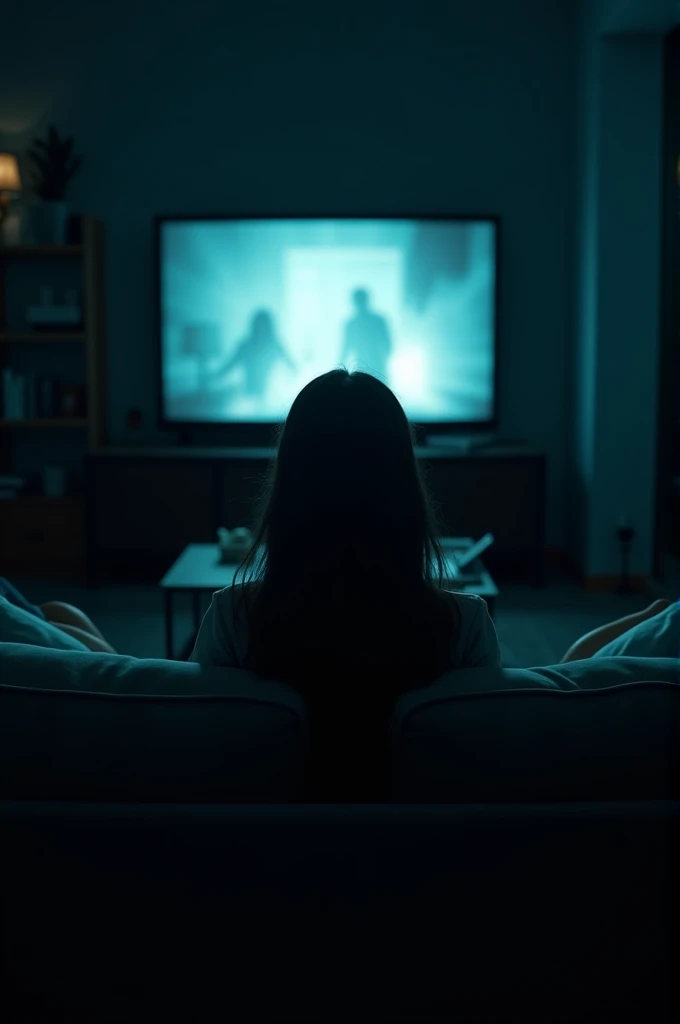 a person, sitting on her couch watching a horror movie, There is a dark environment on the TV, the room the person is in has the lights off, with a dark atmosphere