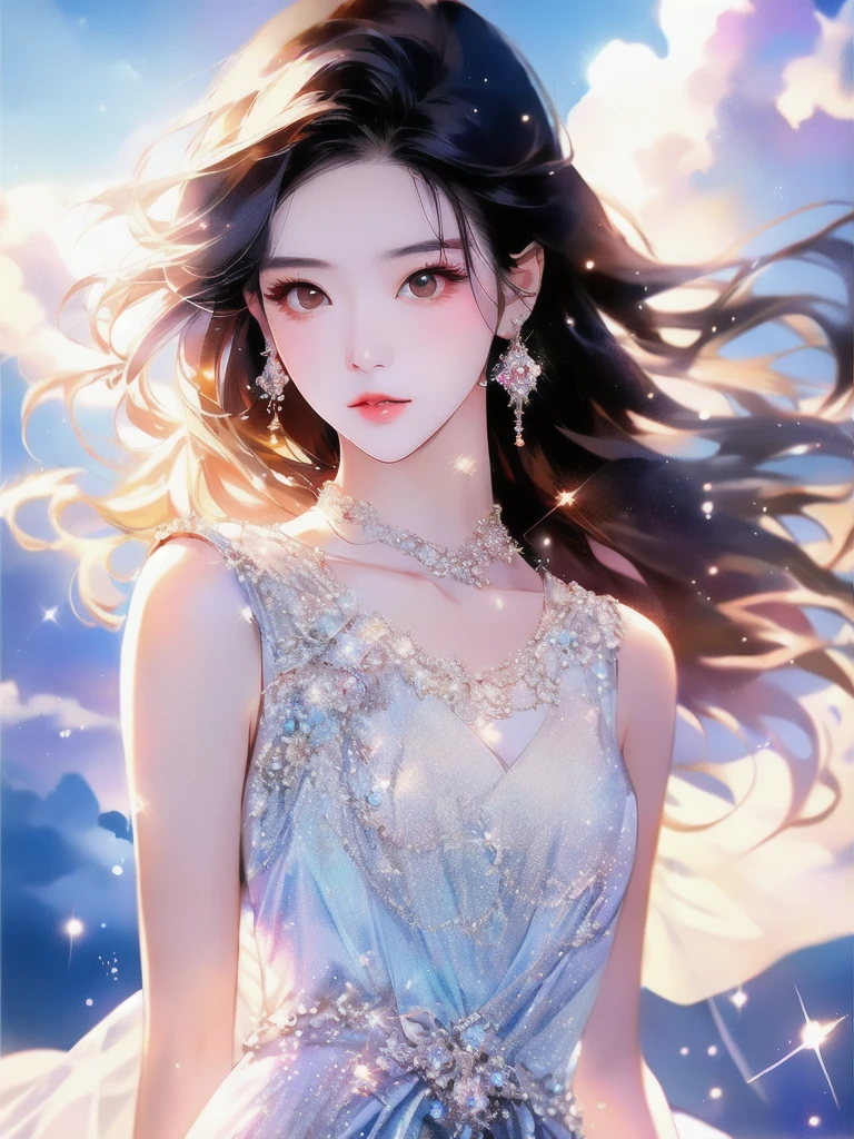 High quality photo,right lips and eye's, (not any mistakes)A beautiful young korean girl, angelic, descending from heaven, heaven cloudy background, elegant and graceful, wearing a glittering dress, excellent photo angles, slim and gorgeous figure, cinematic lighting, highly detailed, photorealistic, 8K, masterpiece, perfect face, sparking 