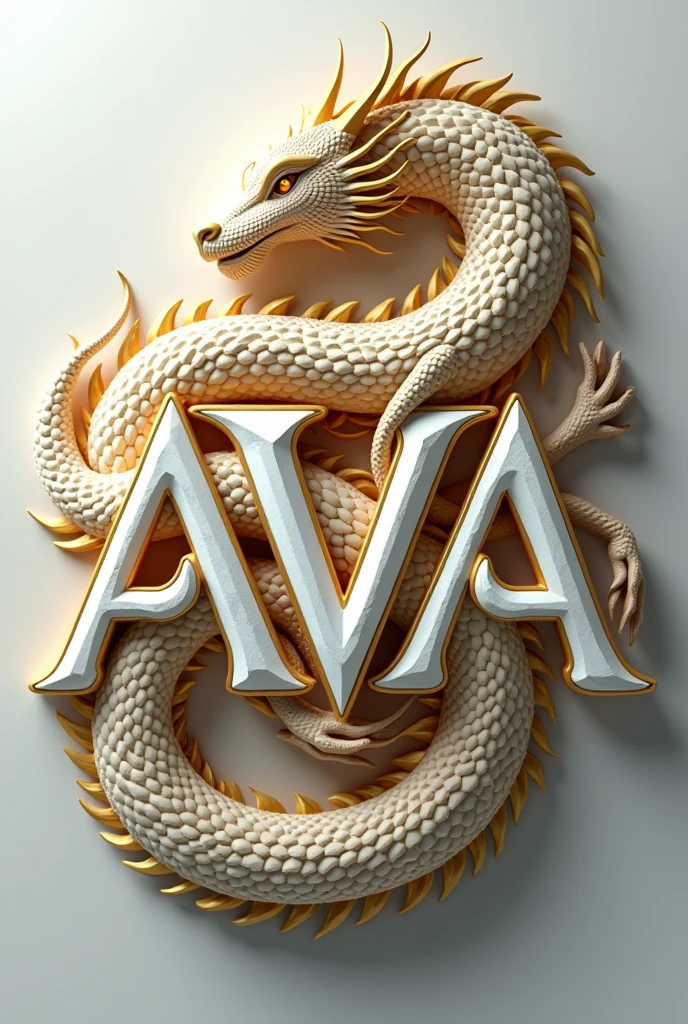 Create a logo with the letters AVA and the colors white and gold and a dragon 