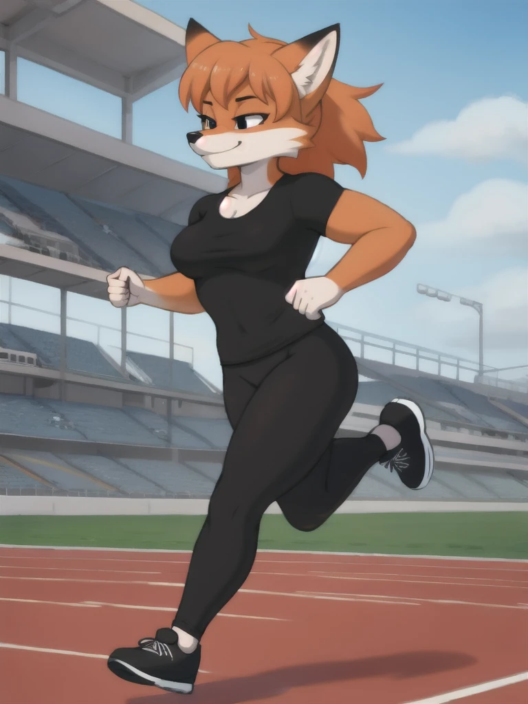 Furry, fox, female, black shirt, black leggings, shoes, running track, friends, full body