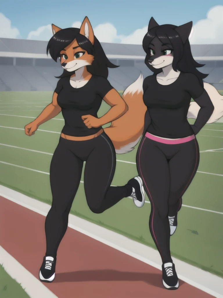 Furry, fox, female, black shirt, black leggings, shoes, running track, friends, full body