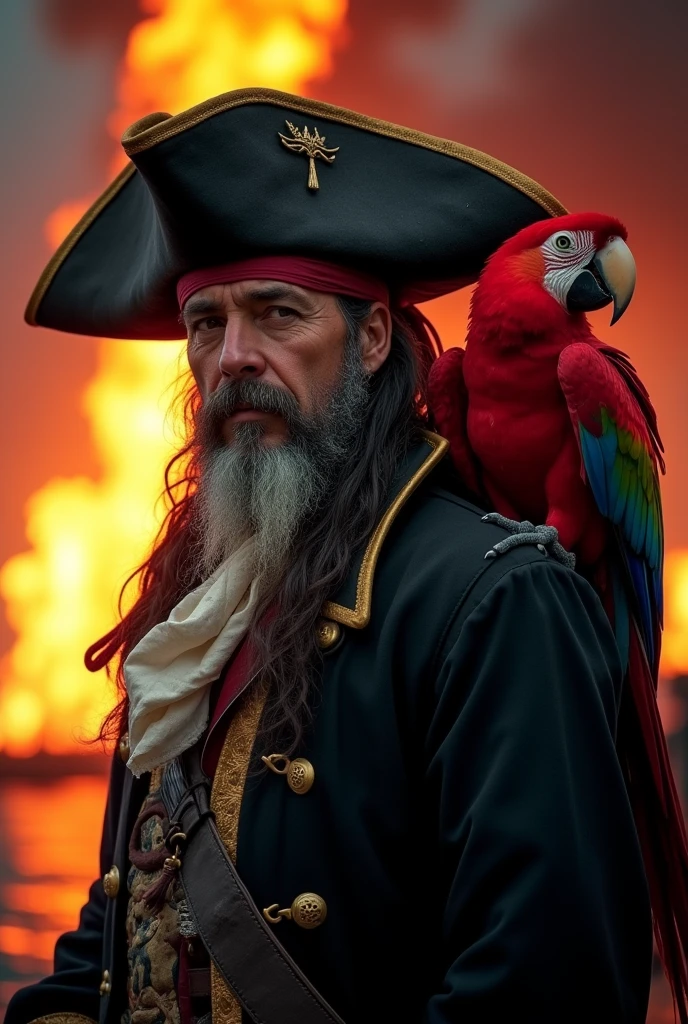 a parrot pirate captain wearing an old tricorn hat and black outfit, he has red feathers, (has a red parrot on his shoulder, red parrot:1.3) fire in background, cinematic photography, cinematic lighting, dramatic shadows, dynamic light reflections:1.2) hkpirate, masterpiece, best quality, highly detailed, sharp focus, dynamic lighting