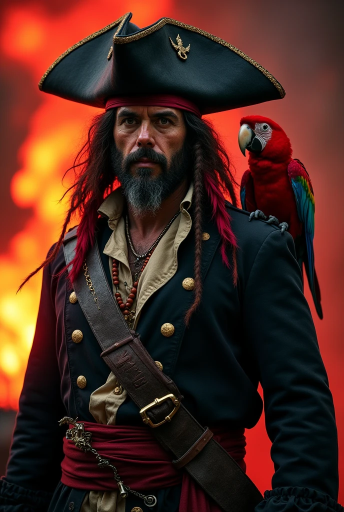a parrot pirate captain wearing an old tricorn hat and black outfit, he has red feathers, (has a red parrot on his shoulder, red parrot:1.3) fire in background, cinematic photography, cinematic lighting, dramatic shadows, dynamic light reflections:1.2) hkpirate, masterpiece, best quality, highly detailed, sharp focus, dynamic lighting