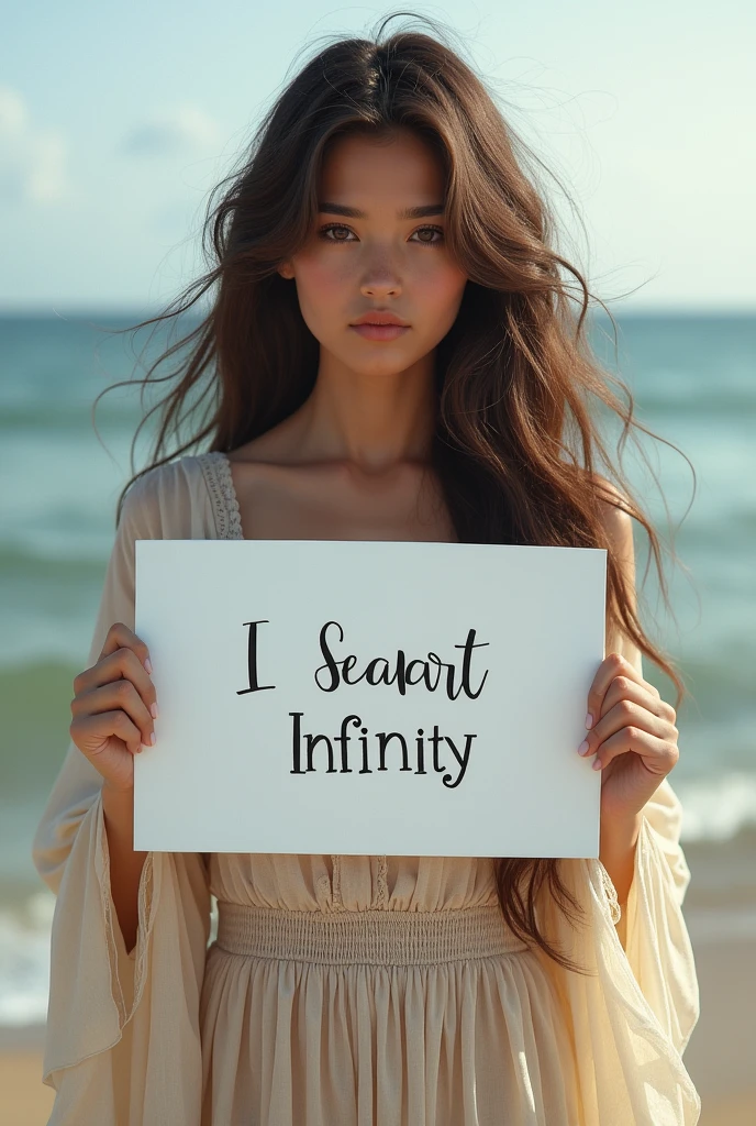 Beautiful girl with wavy long hair, bohemian dress, holding a white board with text "I Love Seaart Infinity" and showing it to the viewer