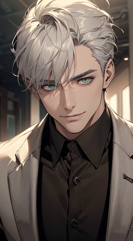 ((a mature man, very handsome, smile in love, short grey white hair, green eyes, perfect face without errors)), ((buttoning the jacket, CEO)), (best quality, masterpiece, 8K, photorealistic, cinematic lighting, hdr image, ultra detailed, beautiful image), (portrait, detailed facial features, intricate textures, realistic skin tones, highly detailed, ultra-realistic), (warm lighting, soft shadows, dramatic lighting), (muted color palette, rich tones), (professional photography, high resolution, studio lighting)