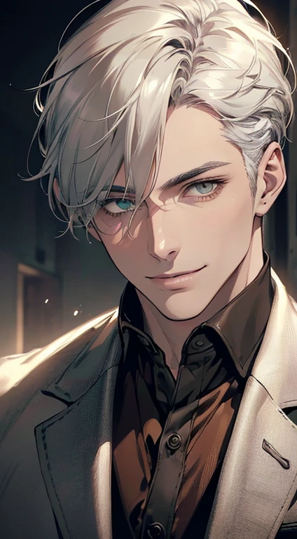 ((a mature man, very handsome, smile in love, short grey white hair, green eyes, perfect face without errors)), ((buttoning the jacket, CEO)), (best quality, masterpiece, 8K, photorealistic, cinematic lighting, hdr image, ultra detailed, beautiful image), (portrait, detailed facial features, intricate textures, realistic skin tones, highly detailed, ultra-realistic), (warm lighting, soft shadows, dramatic lighting), (muted color palette, rich tones), (professional photography, high resolution, studio lighting)