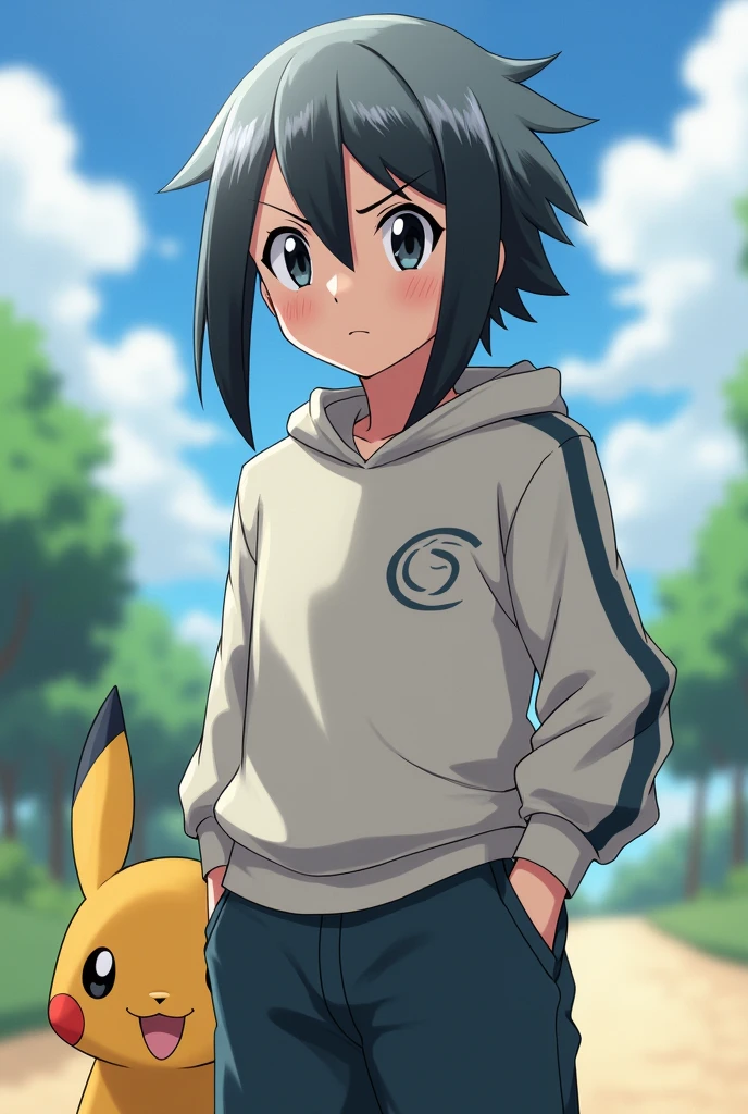 A pokemon trainer character, a short boy with a very rigid mentality, has black eyes with white pupils, long hair up to the beginning of the neck, gray in color with black highlights, wears an informal style of clothing, como tiktoks, always wearing a sweatshirt and pants made of comfortable, loose fabric, adolescent 