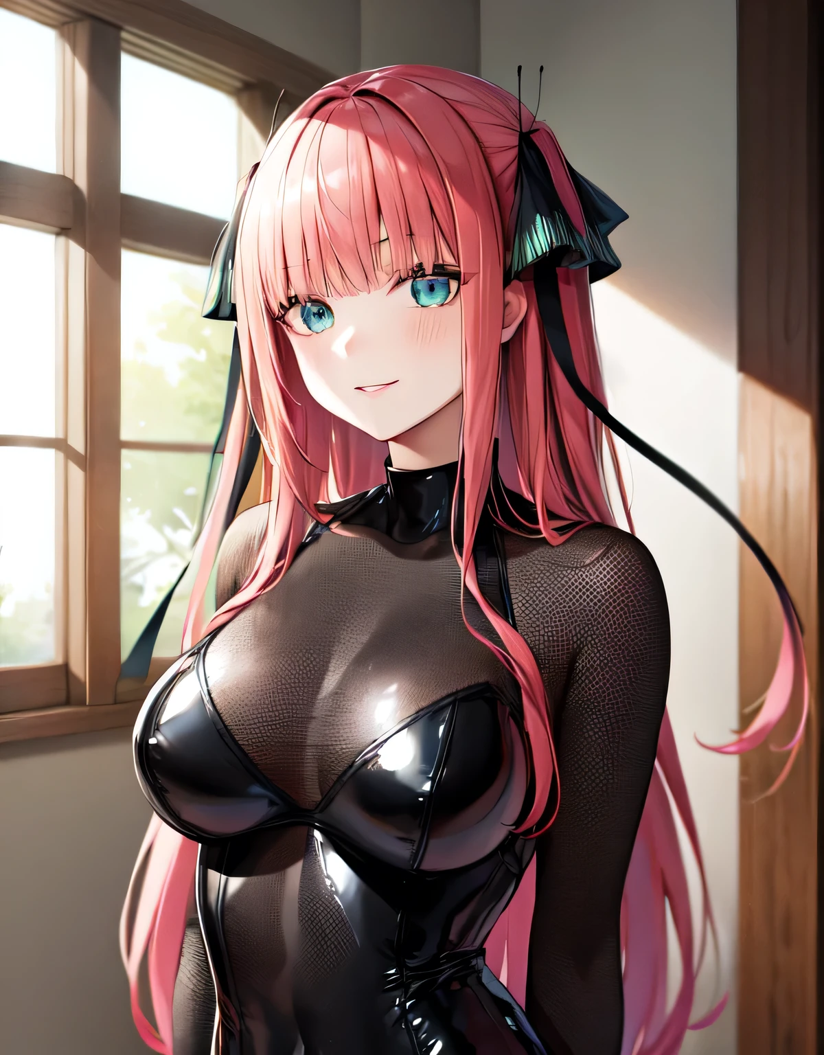 (large breasts:1.55),(shiny,hair),((solo)),((masterpiece)),((best quality)),perfect anatomy,slim waist,perfect image,8k UHD,(beautiful detailed eyes:1.5),extremely detailed face,standing,(upper body:1.25),(look at the front:1.5),arms behindback,ultra-detailed,absurdres,highres,nn1,hair ribbon,long hair,indoor room,smile,smug look,(extremely shiny black body suit:1.3),(full tight),lips,(aqua eyes:1.1),