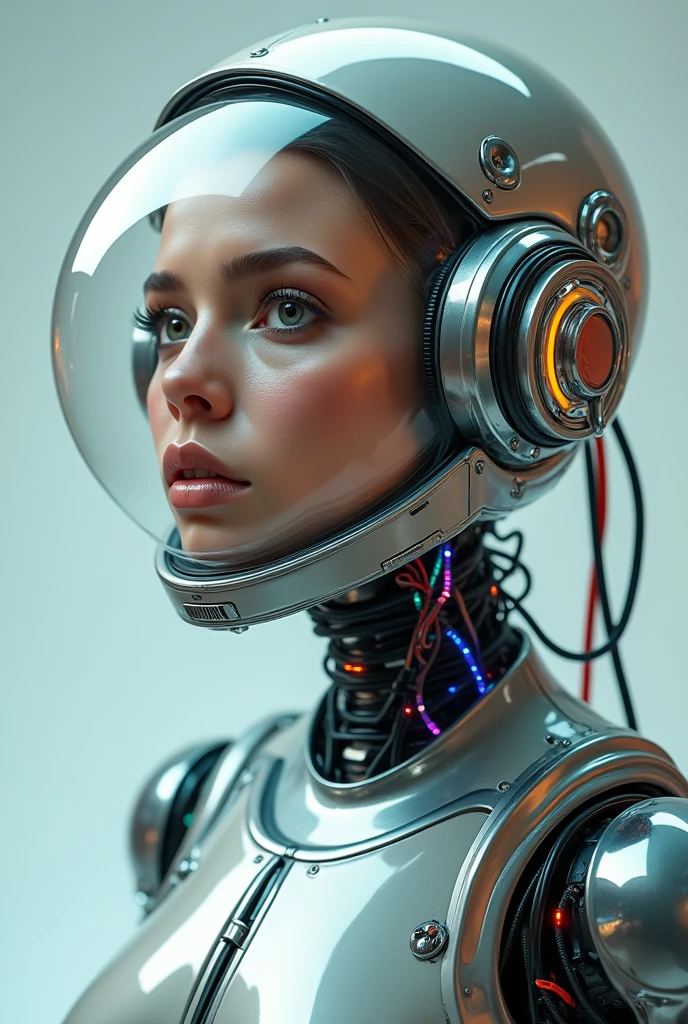 Portrait photography of a cyborg astronaut woman head without a body, connected by cables, wires, and LEDs. She has an attractive transparent iridescent plexiglass body resembling punk PLC robots, with a plexiglass motor head and ray guns. The photo is extremely detailed and realistic, captured in 4K resolution.