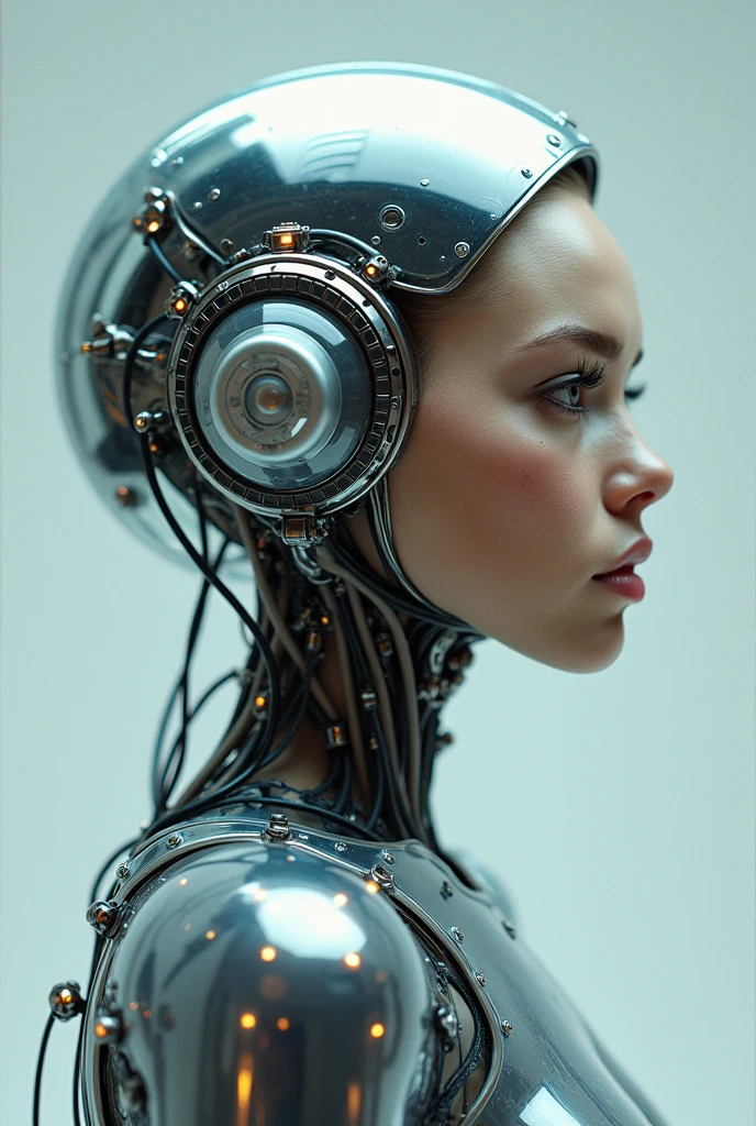 Portrait photography of a cyborg astronaut woman head without a body, connected by cables, wires, and LEDs. She has an attractive transparent iridescent plexiglass body resembling punk PLC robots, with a plexiglass motor head and ray guns. The photo is extremely detailed and realistic, captured in 4K resolution.