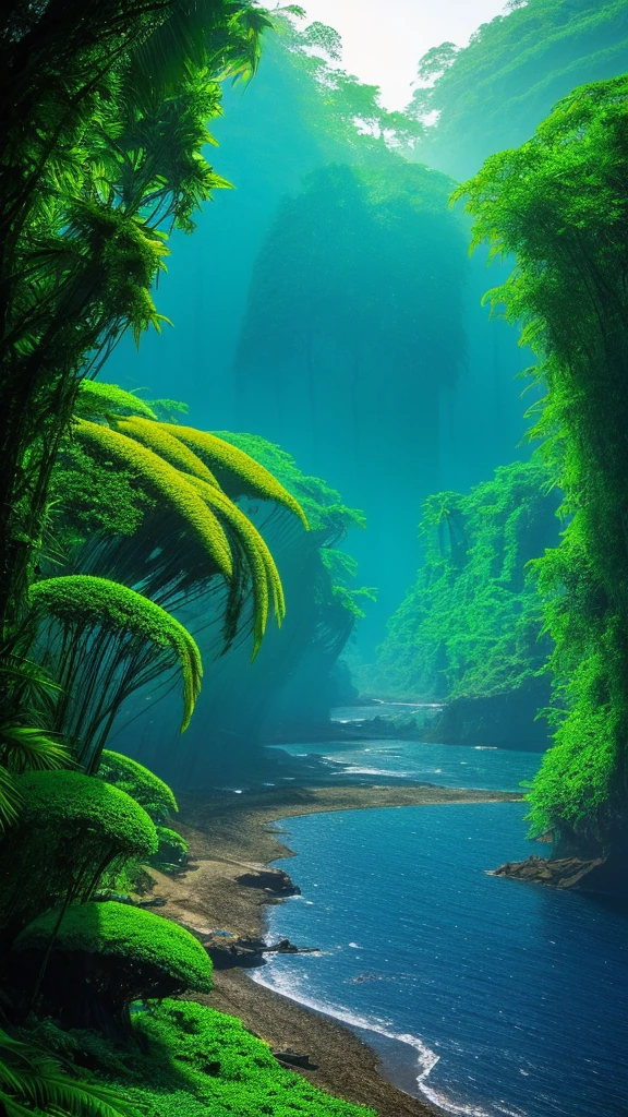 Nausicaä of the Valley of the Wind - Sea and the Toxic Jungle Theme: A future where the polluted Toxic Jungle spreads, and the sea is encroaching on its borders. Elements: Shadows of giant insects drifting over the ocean, toxic gas from the jungle mingling with the blue sea. The shoreline is littered with the decaying remains of a giant warrior. Colors: Deep blue, the green and yellow of the Toxic Jungle, poisonous purple mist. Mood: A crossroads between desolation and renewal, hope and despair