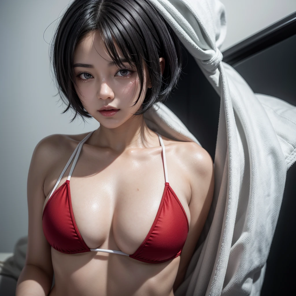 Female character with short black hair with a tuft covering both eyes and white hair tips in a red bikini