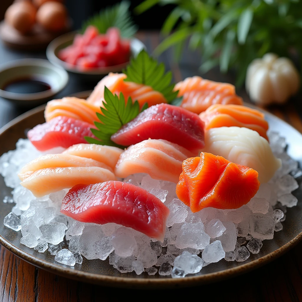 Japanese sashimi advertisement，Icebergs on the plate，A variety of sashimi is placed on the iceberg，There is a soy sauce dish next to it.，Some decorations beside the table