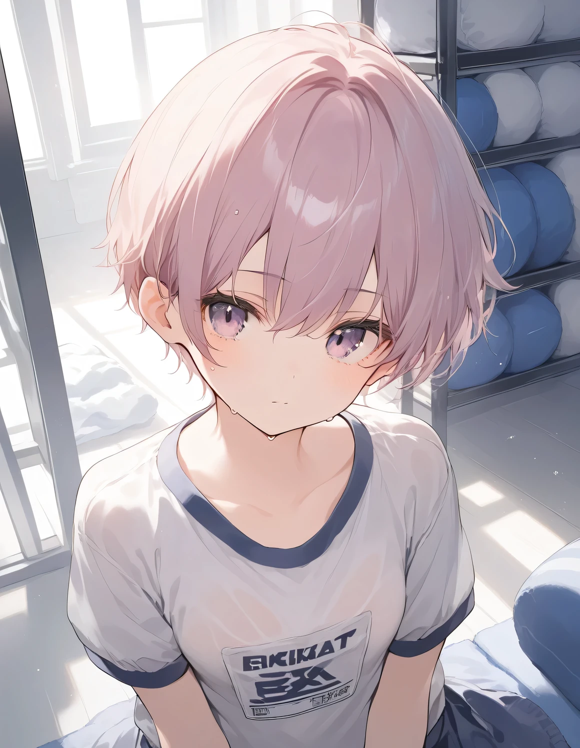 score_9, score_8_up, score_7_up, source_anime, best quality, masterpiece, official art, absurdres, highres, ultra-detailed,waifu2x,JAV Cover,break,1girl, tomboy, idol girl, gym uniform, very short hair, pixie cut, small breasts, slender, beautiful detailed eyes, expressionless, sweat, sleepily, sexual appeal, gym storeroom, mat, pov, indoors, break,(clear line illustration:1.2), super detailed skin, shiny skin, very high resolution, very aesthetic, Best sexual lighting powered by famous artist, 4k, 8k, 16k, cute picture, beauty illustration,photoshop_(medium),,(Detailed Lighting),best anime 8k konachan wallpaper, pixiv contest winner,