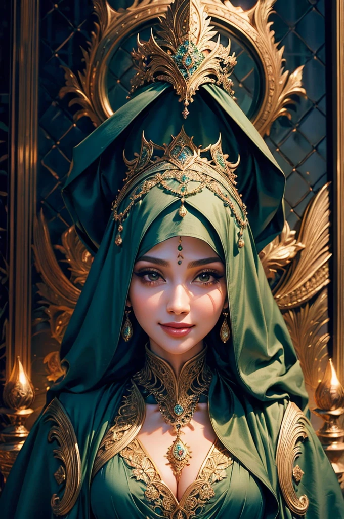 Evening scene, half-body photo of a very beautiful girl with hijab, posing, looking at the camera and smile, big long-dark green hijab, covering the whole chest , dark green long-large abaya robe, made of cotton, no ornaments, 35 years old, absolutely beautiful face, hazel eyes, pointed nose, narrow face, high cheekbones, full pretty lips, beauty pageant winner, calm smile, tight smile, dynamic pose, soft volumetric lightings, cinematic, intricate details, digital photo, 32K Ultra HD, photo realistic, sharp details, proportional face, proportional body, perfect shapes and sizes, intricate details