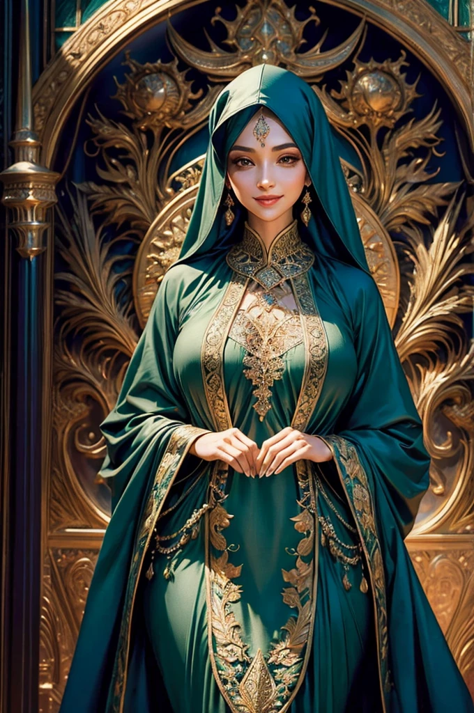 Evening scene, half-body photo of a very beautiful girl with hijab, posing, looking at the camera and smile, big long-dark green hijab, covering the whole chest , dark green long-large abaya robe, made of cotton, no ornaments, 35 years old, absolutely beautiful face, hazel eyes, pointed nose, narrow face, high cheekbones, full pretty lips, beauty pageant winner, calm smile, tight smile, dynamic pose, soft volumetric lightings, cinematic, intricate details, digital photo, 32K Ultra HD, photo realistic, sharp details, proportional face, proportional body, perfect shapes and sizes, intricate details