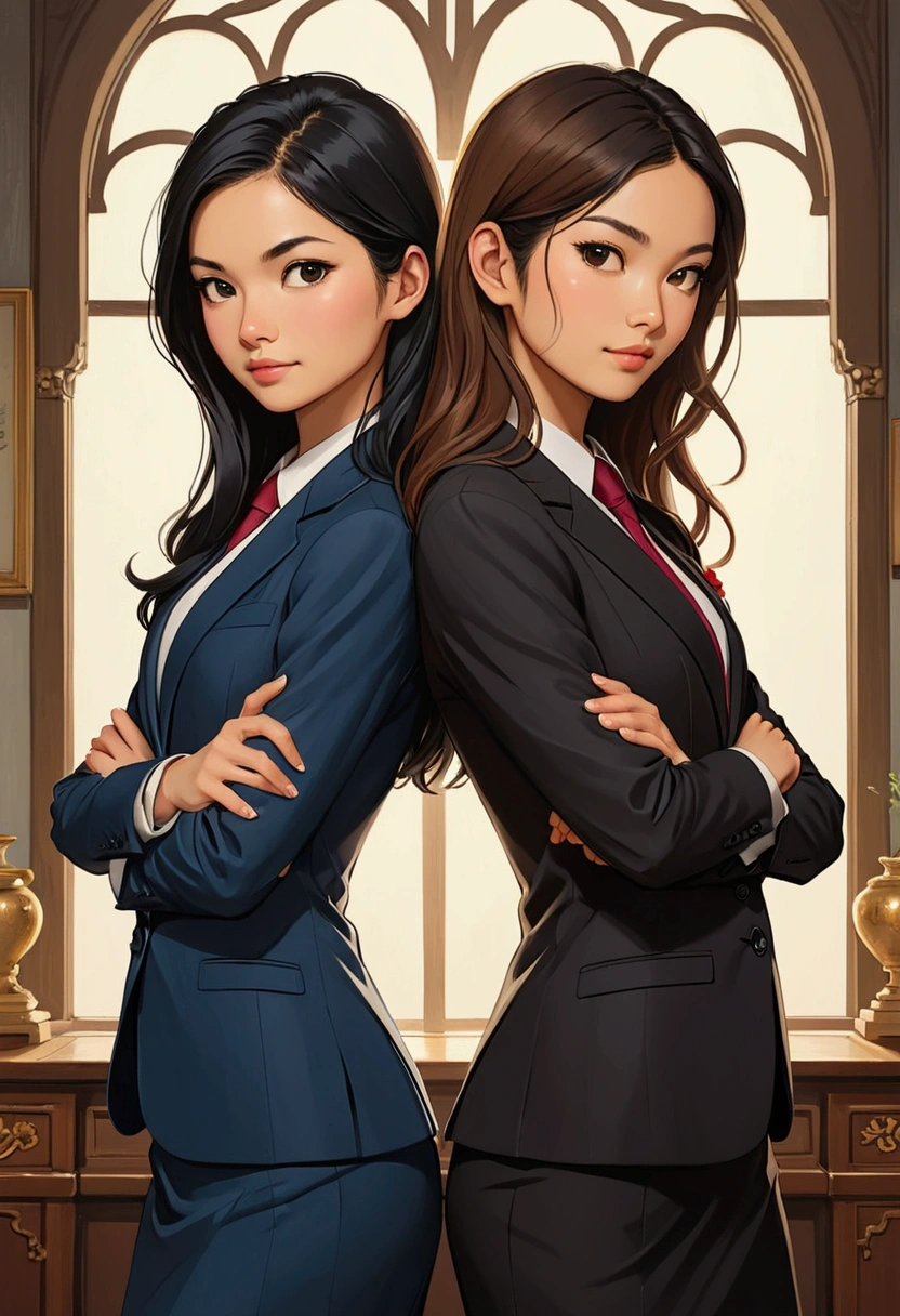Two beautiful Sarah Kay style women in love. One with semi-long light brown hair, British features, dressed in a suit, the other a beautiful Asian with long black hair, dressed in a suit, they stand back to back in a relaxed attitude with their arms crossed.
