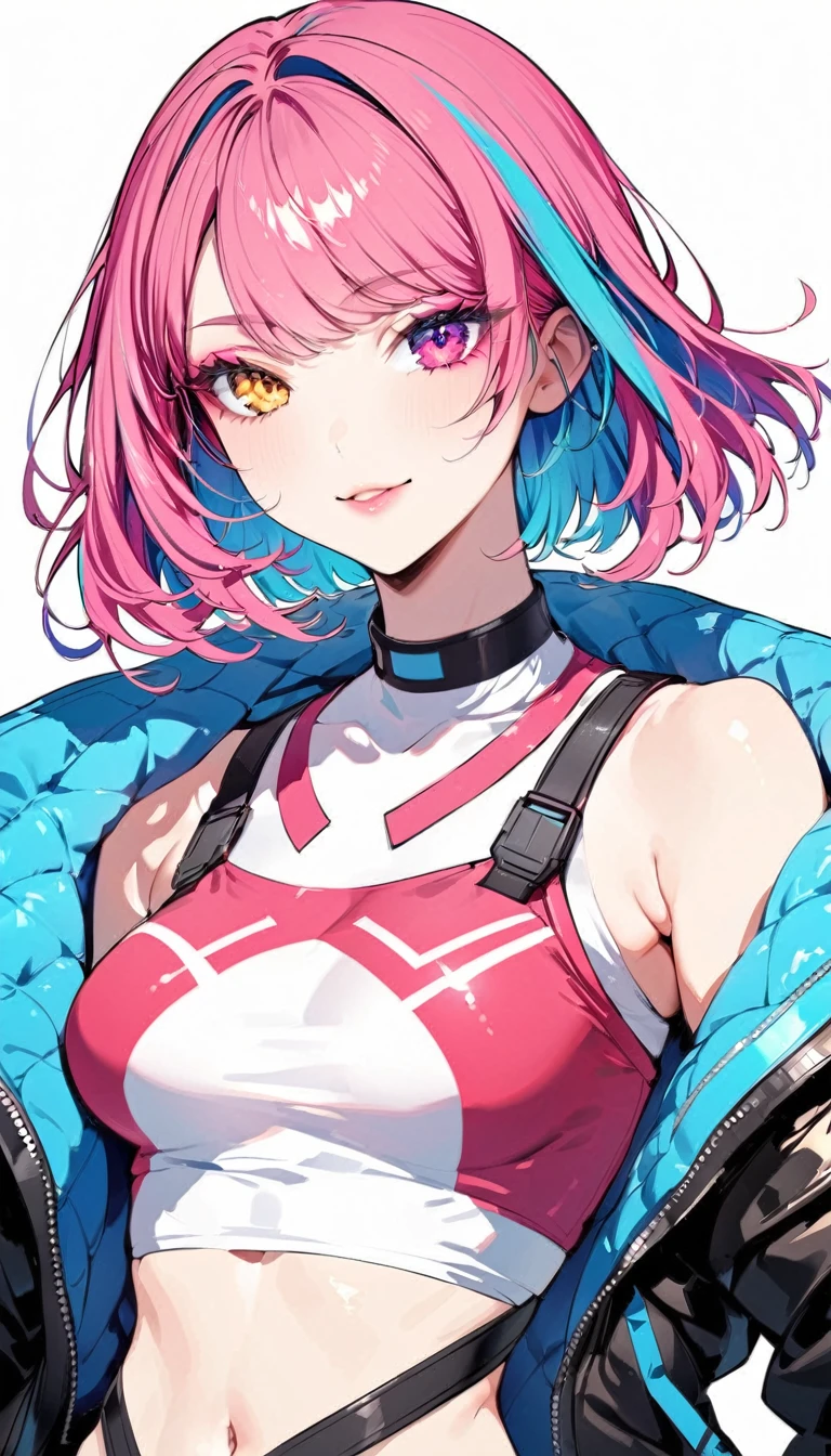 (Highest quality:1.2, City Pop Style, Very detailed, Latest, Vibrant, High Contrast,masterpiece), 1 girl, solo, Anime Style, Heterochromia iridis, Hollow Eyes, Half Eye, Lips pink, lip, smile, Cyberpunk makeup, Long bangs on one side, Asymmetrical Short Hair, (Colorful Hair), Bobcut, pastel colour, 1980s style, ((Retro, Vintage, Plain background))