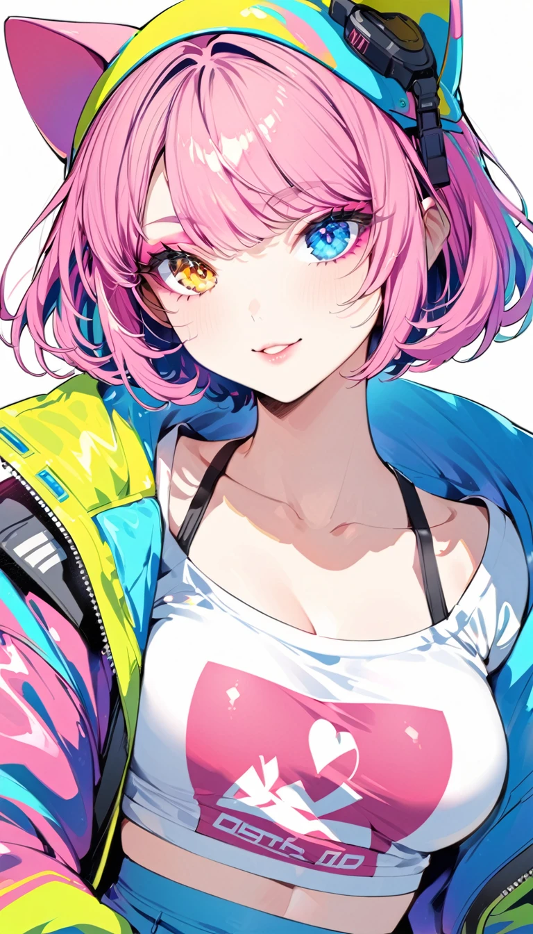 (Highest quality:1.2, City Pop Style, Very detailed, Latest, Vibrant, High Contrast,masterpiece), 1 girl, solo, Anime Style, Heterochromia iridis, Hollow Eyes, Half Eye, Lips pink, lip, smile, Cyberpunk makeup, Long bangs on one side, Asymmetrical Short Hair, (Colorful Hair), Bobcut, pastel colour, 1980s style, ((Retro, Vintage, Plain background))