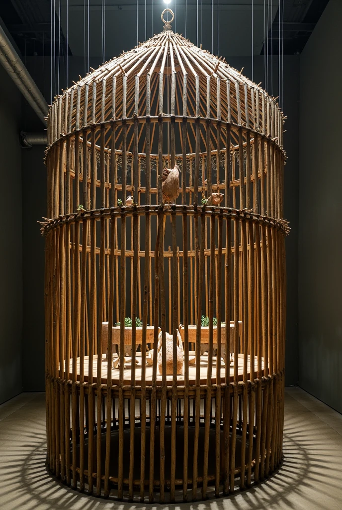A big cage like silinder made from wooden sticks and hang by wire