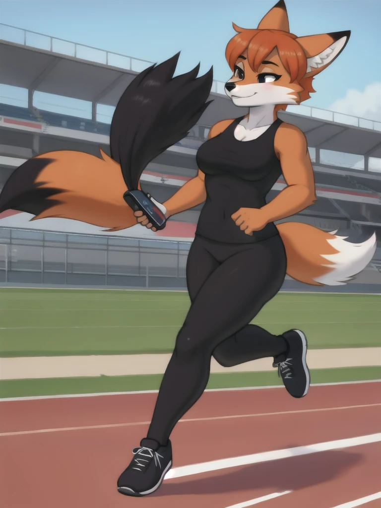 Furry, fox, female, black shirt, black leggings, shoes, running track, friends, full body