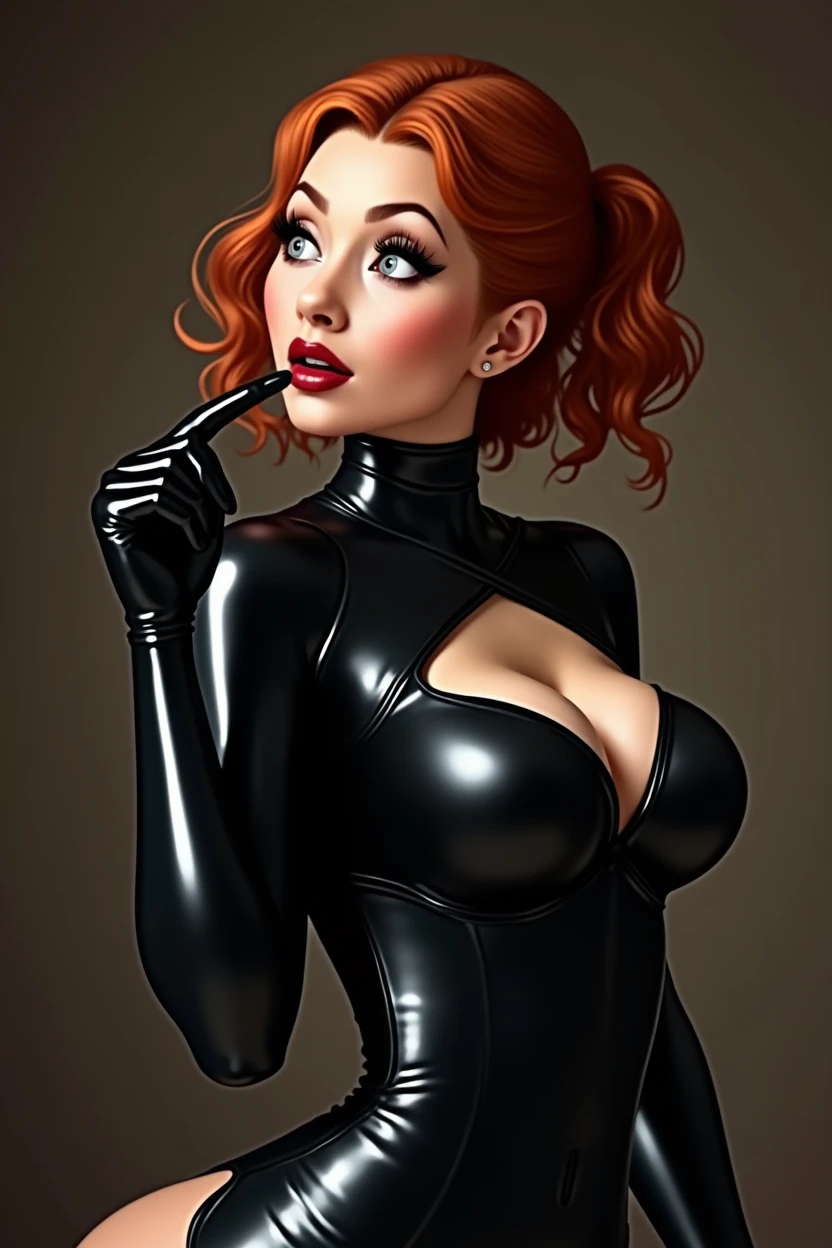 Red head cutie, black latex bra, black latex thong, black latex thigh highs, black latex opera gloves, form fitting, very shiny, finger on lips provocatively, looking at user lustfully