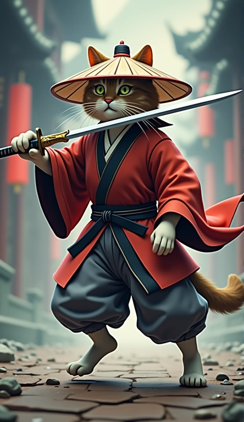 Create an image of a cat standing upright in traditional East Asian attire ( red ), wearing a wide bamboo hat on the head, wielding a sword, A different perspective from afar, a running posture.
