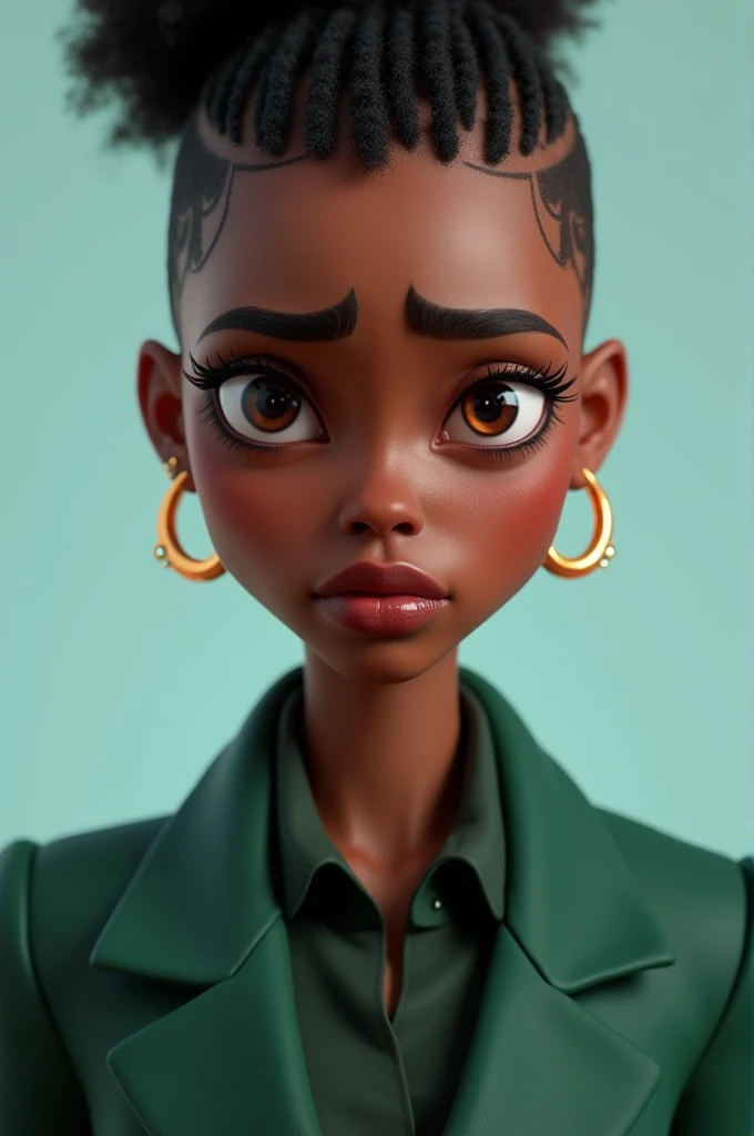 A beautiful 31 year old Pixar 3D inspired girl with black skin, blonde bald hair, small earrings, wearing a green blazer with a frustrated expression 