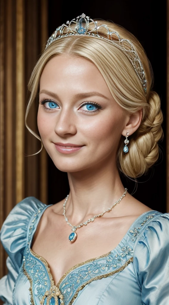 Raw photo、Highest quality、moody lighting, One woman、Rococo dress、Lady、((Swedish, Age 27, Blonde, Chignon Hair, tiara, Ice Blue Eyes, Long face, High nose, archaic smile:1.4)), Woman in light blue dress, slim and small breasts, necklace, Rococo Queen, Rococo portrait, Exquisite and aristocratic, Aristocratic appearance, 優雅なLady, 18th Century Duchess, 18th century style