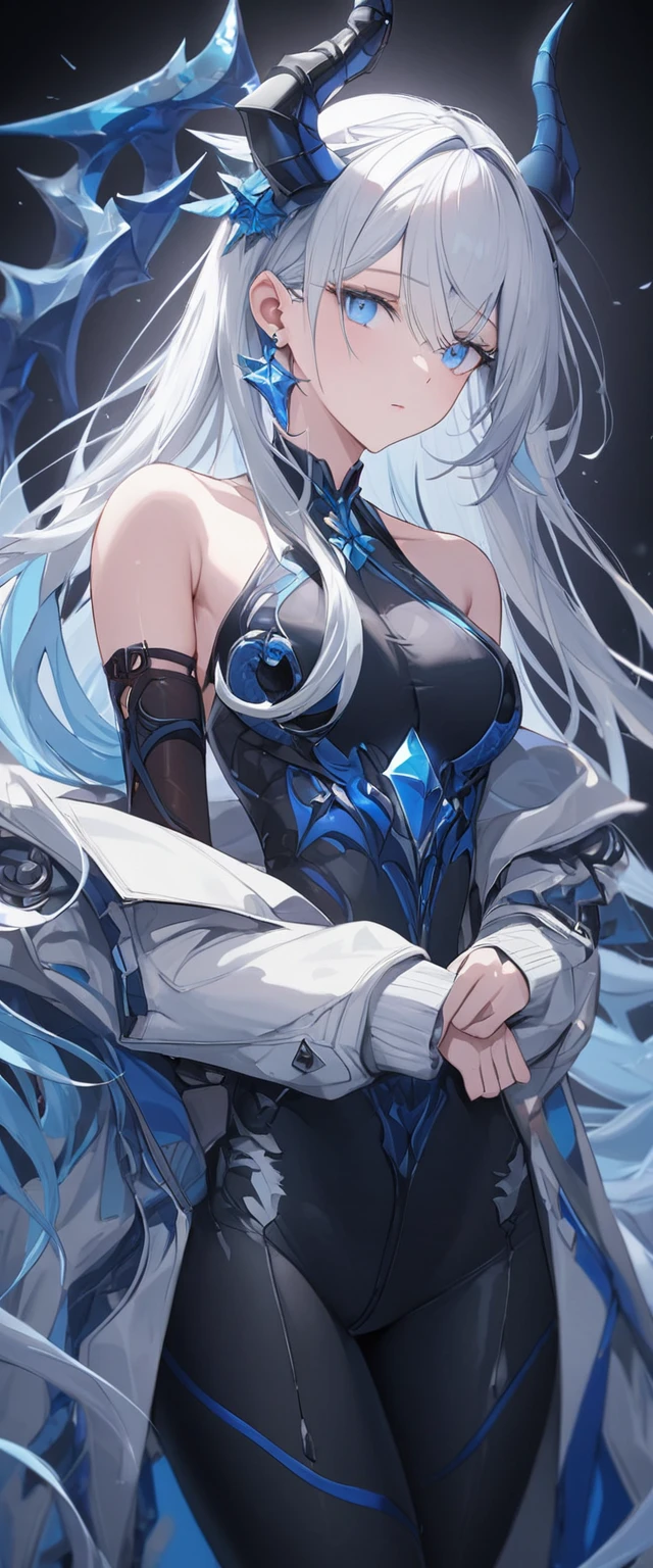 white hair, crossed bangs, very long hair, single sidelock, Blue crystal dragon horn, blue eyes, eye shadow, Aesthetically pleasing, Mechanical  horn, Inward curved Horn, Black Sleeveless Bodysuit, Stripes all over the clothes, Chest clings to clothing, White Off-shoulder coat, Blue hair accessories, Stunning, Exquisite, Comely, Single earring, Modern Clothing, best quality, high quality, 1080P