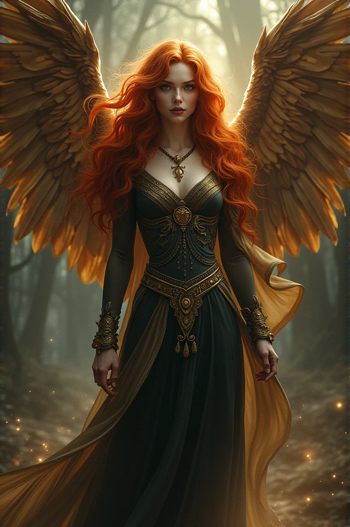Create the figure of Lilith (ginger hair) with large owl wings.