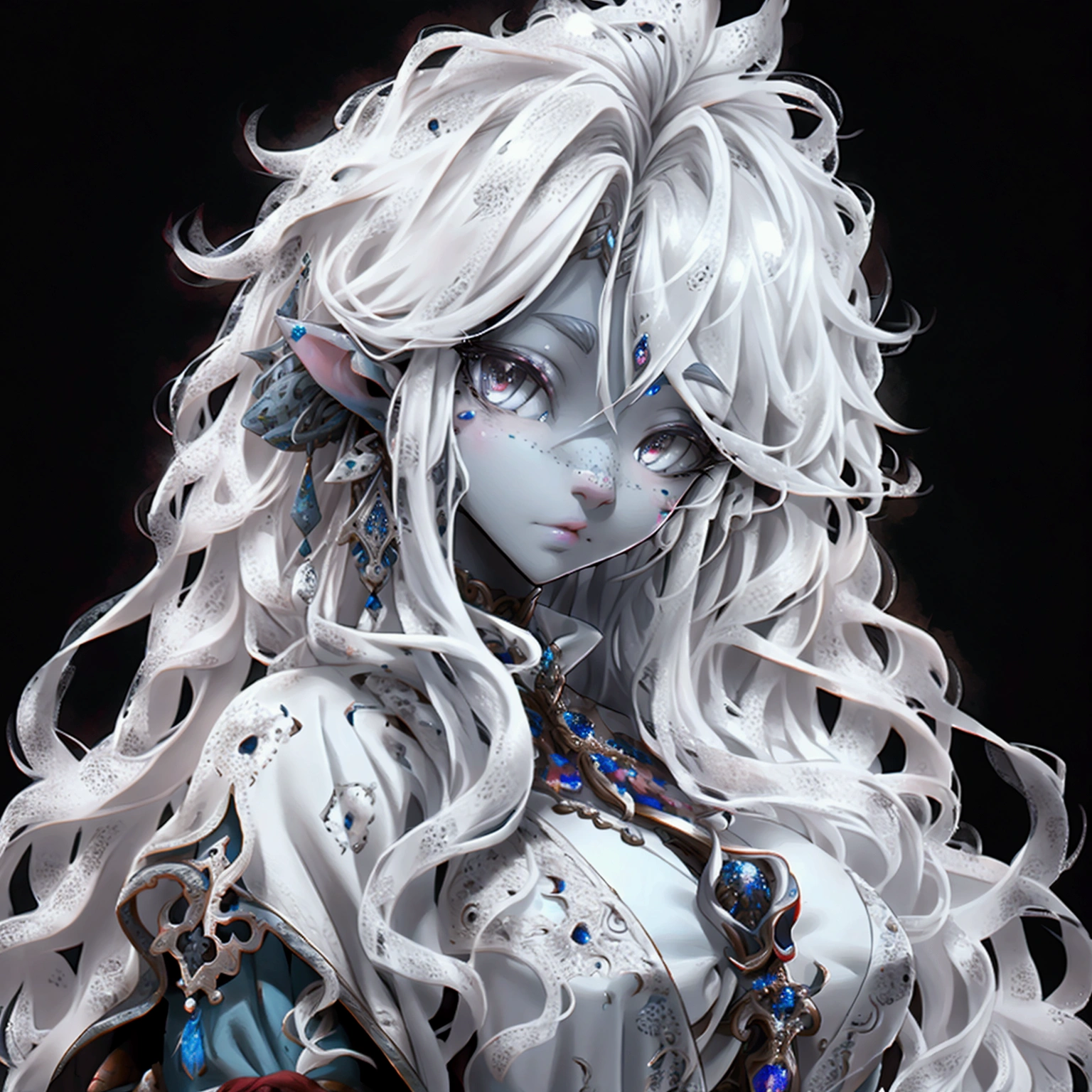 dark skinned firbolg with white freckles. silver eyes. frizzy hair.
