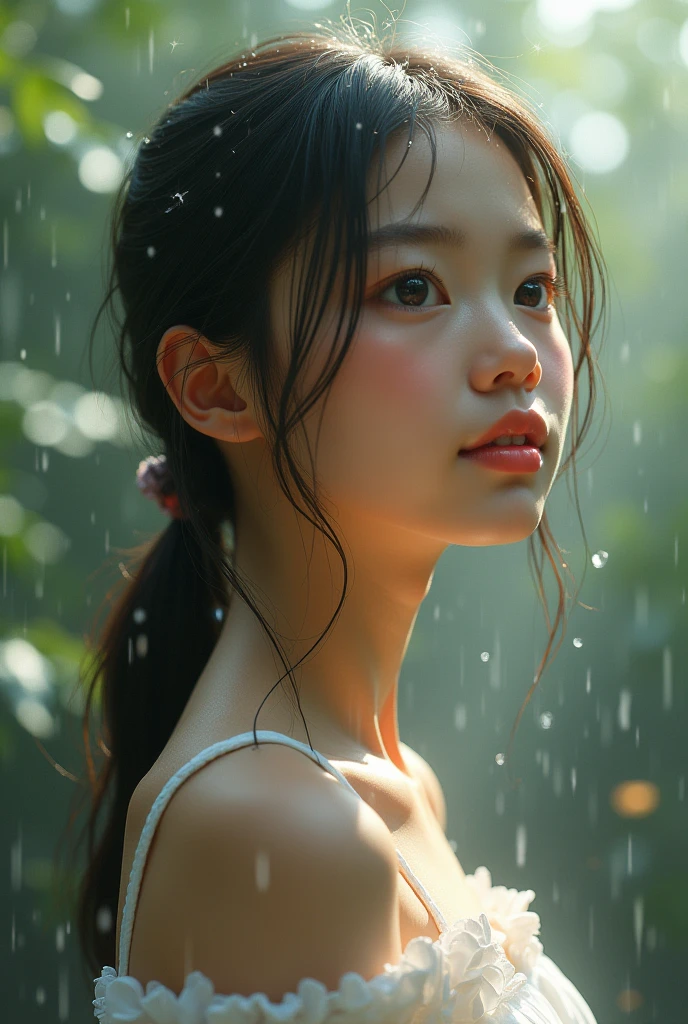 Small chest, ponytail, beautiful girl, water drops, view from slightly above, looking up from the front, shy smile