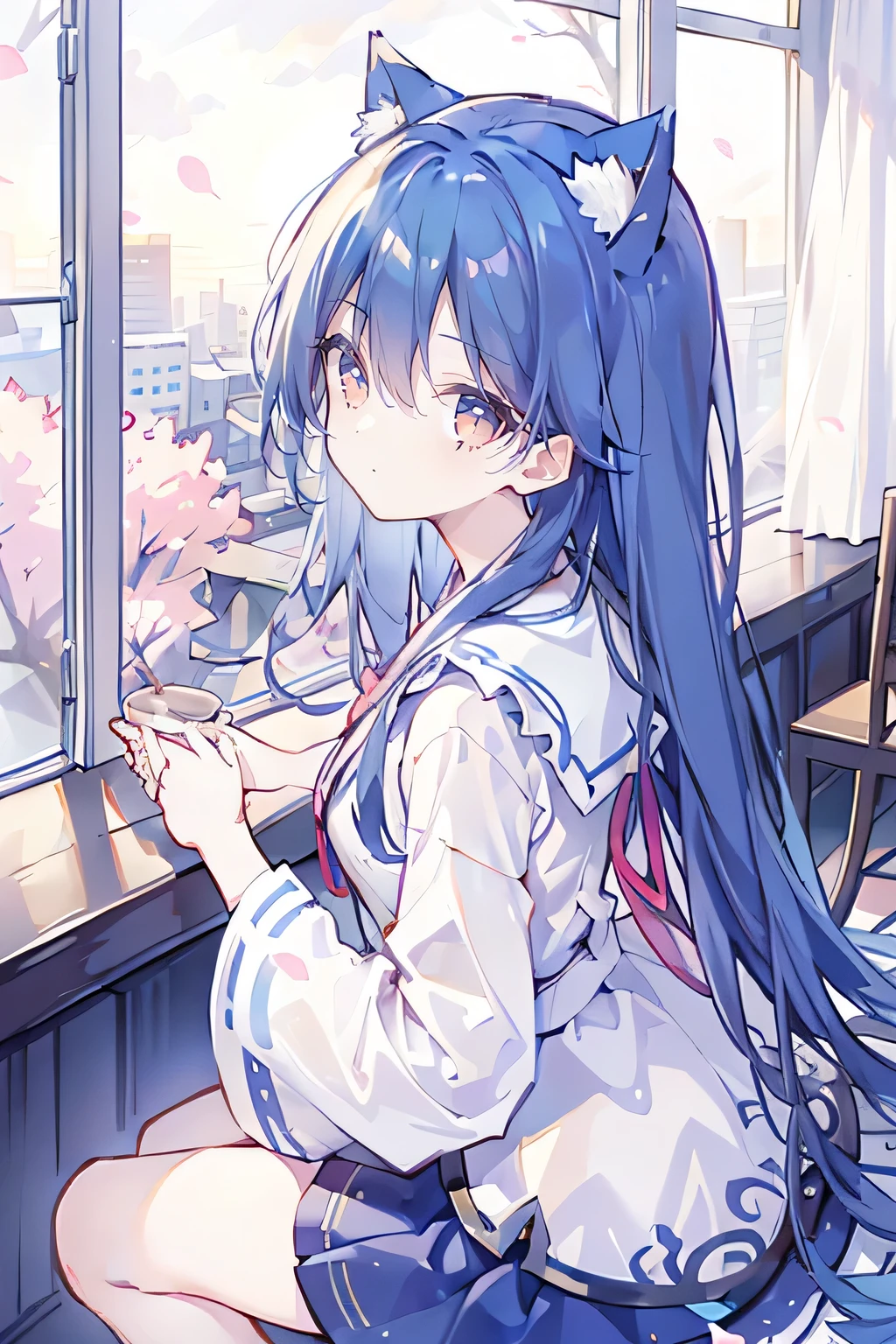 (masterpiece:1.2),Super detailed,lifelike,Expressive eyes,fair skin,perfect face shape,1 girl,
Japanese comics,Gorgeous blue hair,flowing blue hair,flowing clothes,Cat ears,Petals fall,beautiful lola,Baby Angel,
Shaking head with one hand,Cross your legs,,The pavilion is cool and comfortable,smile,back views,sunrise,Petals fall,sunrise,sitting on window sill drinking coffee and looking out the window。